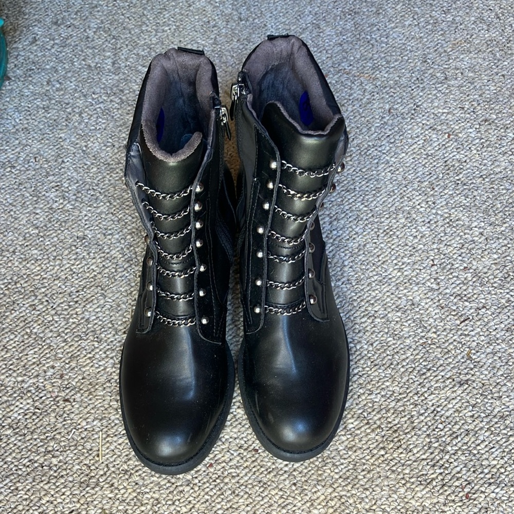 Adrienne Vittadini black combat boots with silver studs and chains - 8.5